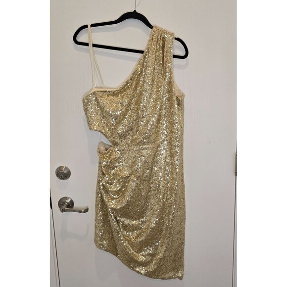 BCBGMAXAZRIA Gold Sequin One-Shoulder Mini Dress Draped Detailing Side Cutout XL - Picture 2 of 16